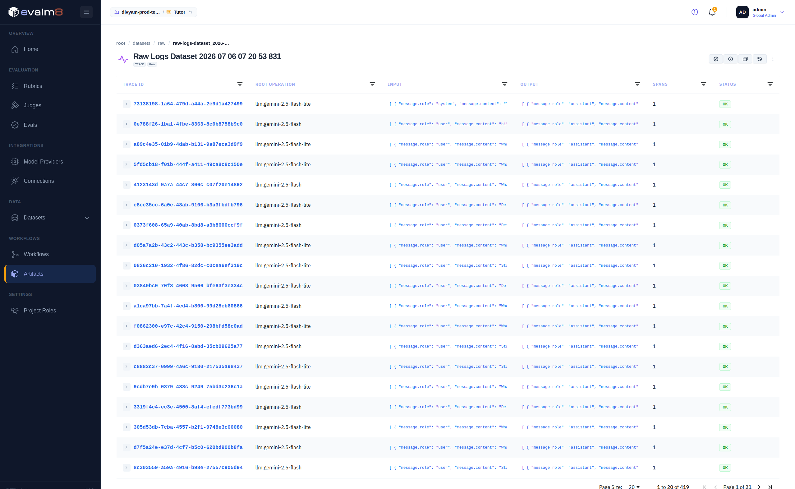 Raw dataset table view